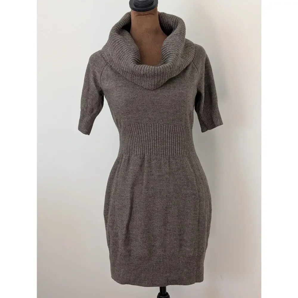 LOFT Merino Wool Blend Cowl Neck Sweater Dress S Brown Y2K Office Siren - Picture 2 of 9